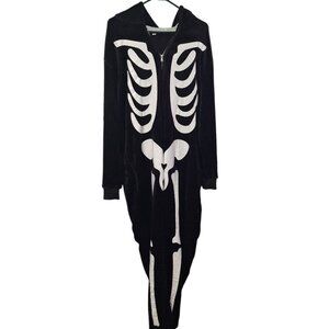 Skeleton One Piece Pajama Full Zip Bones Black Adult Large Hood Face X Ray Rad